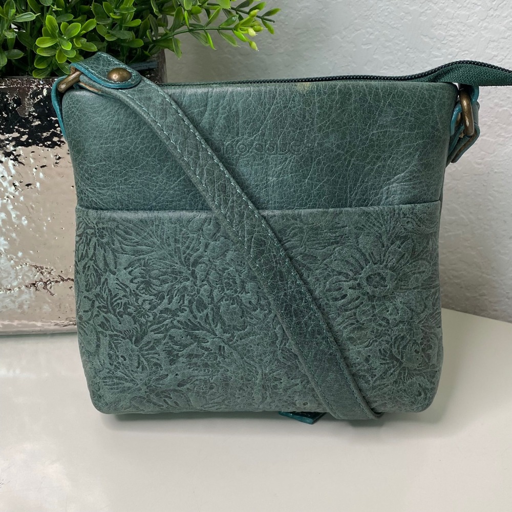 Jano Dave Greek Leather Creations‎ Green Floral Embossed Crossbody Bag Purse
